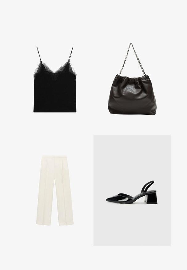Schwarzes Spaghettiträgershirt mit Spitzenbesatz, ausgestattet mit dünnen, verstellbaren Trägern. Weicher Stoff mit glatter Textur und taillierter Silhouette.; Weit geschnittene Hosen in einem hellen cremefarbenen Farbton. Hergestellt aus einem glatten Stoff mit Falten an der Vorderseite und seitlichen Taschen.; Schwarze Lackleder-Slingback-High Heels mit spitzem Schuh und einem geometrischen Blockabsatz. Verfügt über ein schlankes, minimalistisches Design und eine glatte Textur.; Braune Lederhandtasche mit gerafftem Oberteil und Kettenriemen. Glatte Textur mit glänzendem Finish und subtilen Nahtdetails an den Seiten.