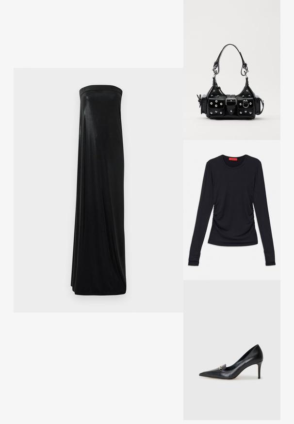 Sort langærmet top med rund halsudskæring, der har ruching detaljer på siderne og tætsiddende manchetter. Fremstillet af et glat, blødt stof.; Sort stropløs maxikjole lavet af glat, skinnende stof. Har en tætsiddende bodice og en svungende silhuet, der når gulvet uden udsmykninger.; Sorte læderpumps med spids tå, lav udskæring og dekorativ guldaccent. Har en stiletthæl og glat tekstur.; Sort læderhåndtaske med et buet design, prydet med sølvfarvede nitter, en spænde og to sidelommer. Justerbar rem til forskellige bære muligheder.