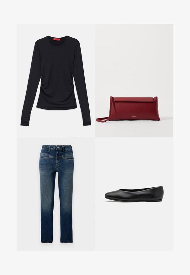 Black long-sleeve top with a round neckline, featuring ruching detail on the sides and fitted cuffs. Made from a smooth, soft fabric.; Dark blue denim jeans with a straight cut, featuring light fading, orange stitching, and a button closure at the waist.; Paul Smith TOPANGA - Ballet pumps - black; Red leather clutch bag with a textured finish, featuring a flat fold-over top and a short strap. Subtle brand logo on the front.