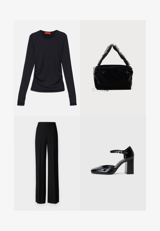 Fekete, hosszú ujjú blúz, kerek nyakkivágással, oldalán redőzéssel és feszes mandzsettákkal. Simább, puha anyagból készült.; Fekete, széles szárú nadrág sima tapintással, magas derékkal és középen pliszével. Nincsenek látható minták vagy fém részletek.; Fekete patent bőr, magas sarkú cipők négyzetes orral, bokapánttal és vastag sarkal. A szélén lyukacsos díszítéssel.; Fekete műbőr kézitáska texturált felülettel, amelyen gyöngyökkel díszített ezüstszínű kiegészítő található a felső fogantyún, valamint láncos pánt.