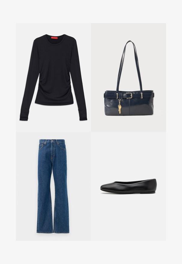 Schwarzes Langarmoberteil mit rundem Ausschnitt, das seitliche Raffungselemente und schmale Bündchen aufweist. Hergestellt aus einem glatten, weichen Stoff.; Blaue, ausgestellte Jeans aus Denim mit hoher Taille, fünf Taschen, silbernem Knopfverschluss und sichtbaren Nähten.; Paul Smith TOPANGA - Klassischer Ballerina - black; Marineblaue Lederhandtasche mit zwei langen Griffen, einer Schnallen-Detailierung und einem daran befestigten Schlüsselanhänger. Besitzt eine glatte Textur und eine rechteckige Form.