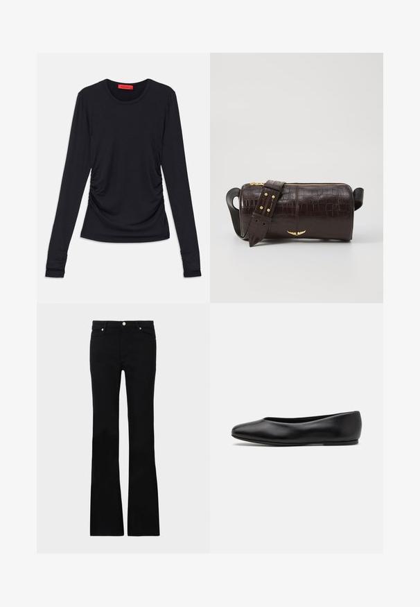 Black long-sleeve top with a round neckline, featuring ruching detail on the sides and fitted cuffs. Made from a smooth, soft fabric.; Black flared jeans made of denim, featuring two front pockets, a button closure, and a smooth texture. Signature stitching visible at seams.; Paul Smith TOPANGA - Ballet pumps - black; Brown crocodile-embossed leather bag with a cylindrical shape, gold-tone hardware, and a detachable strap featuring studs.
