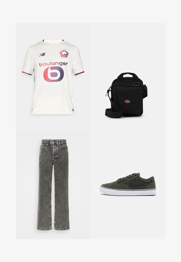 Biely futbalový dres s červeným a fialovým logom LOSC, logom New Balance a textom a logom sponzora "boulanger" na prednej strane.; Džínsy so širokým strihom v bledom čiernom denime, s gombíkovým zapínaním, dizajnom piatich vreciek a kontrastným prešívaním pozdĺž švov.; Zelené semišové tenisky s čiernymi akcentmi a bielou gumovou podrážkou; disponujú šnúrkami, polstrovaným golierom a božským logom. Hladká textúra, nízky strih.; Čierna crossbody taška s našitým zipsovým vreckom, obdĺžnikový tvar, vyrobená z textílie, s logom na prednej strane, nastaviteľný ramenný popruh.