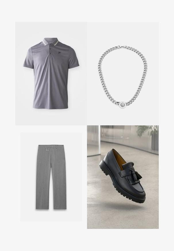 Šviesiai pilka polo marškinėliai trumpomis rankovėmis su subtiliais vertikaliais raštais, trijų mygtukų užsegimas ir logotipo pleistras kairėje krūtinės pusėje, apykaklė su šviesiais raštų akcentais.; Pilkos pritaikytos kelnės su tekstūriniais paviršiais. Su priekiniu užtrauktuku, šoninėmis kišenėmis ir sidabriniais akcentais. Tiesus kojų dizainas.; Juodas odinis loaferis su kutais, lygia apdaila ir guma su sukibimo briaunomis. Viduje pamušalas kontrastinės rudos spalvos.; Sidabrinė grandinėlė su storomis jungtimis ir centriniu apvaliu pakabuku su sudėtingais raštais. Lygi, atspindinti metalinė paviršius.