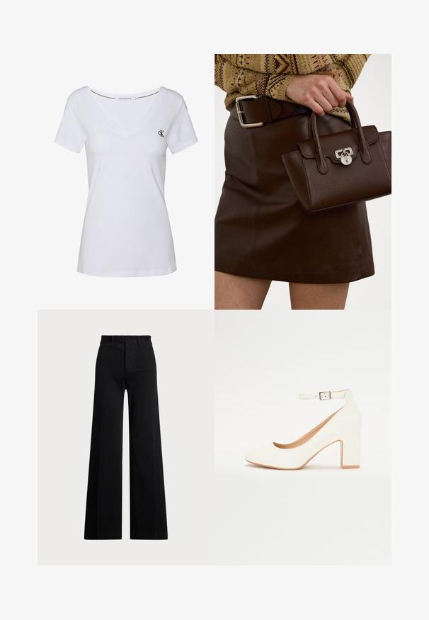 Hvit bomulls t-skjorte med korte ermer, v-hals design, med en liten marineblå logo på venstre bryst og rett søm.; Svart brede benbukser laget av vevd stoff, med høy midje, frontlukking med knapp og sidelommer. Glatt tekstur med rene linjer.; Hvit høyhælte sko med spiss tå, blokkhelle og ankelrem. Glatt overflate med en subtil glans og beige innvendig fôr.; Brun skinnveske med strukturert overflate og sølvfarget hardware, holdt med en hånd ved siden av et brun skinnskjørt og et mønstrete genser.