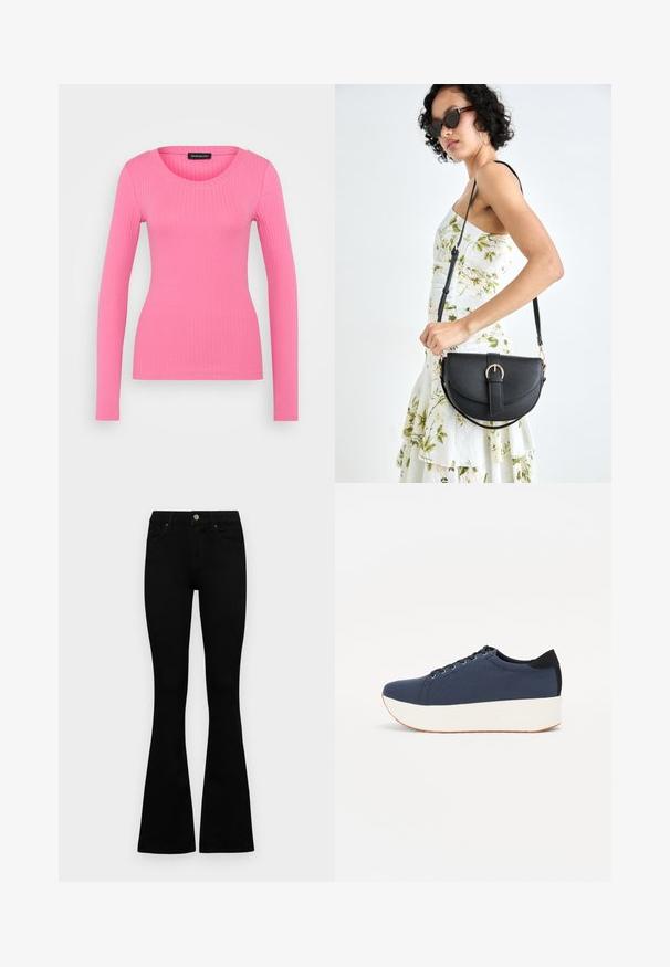 Hosszú ujjú, bordás felső élénk rózsaszínben, lekerekített nyakkivágással és slim fit fazonnal. Rugalmas anyagból készült, a kényelmes viselet érdekében.; Fekete, magas derekú farmernadrág gomb- és cipzárzárral, elülső zsebekkel és harangszárral, laposan egy fehér háttérre terítve.; Sötétkék sportcipő, texturált szövet felsőrész, fehér platform talp, lekerekített orr és fekete sarok akcentussal. Hat fűzőlyuk található rajta.; Fekete bőrtáska ívelt formával, levehető pánttal és arany színű fémrészekkel. A táskán egy csattal díszített fedél található.