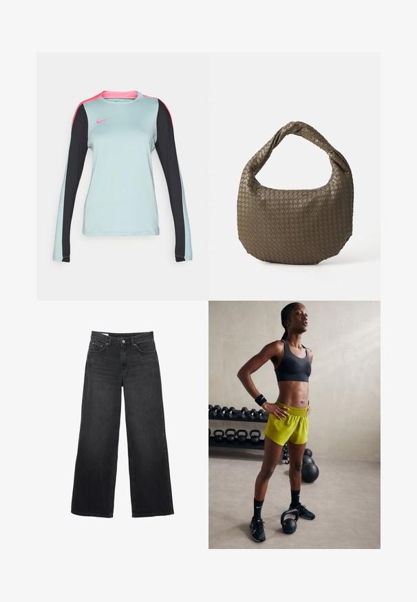 Langärmeliges Sportshirt in Hellblau mit schwarzen Ärmeln und rosa Schulterakzenten. Glatte Textur mit Rundhals und Nike-Logo.; Schwarze weit geschnittene Jeans aus Denim. Sie verfügen über ein klassisches Fünf-Taschen-Design, eine gerade Silhouette und einen Knopfverschluss vorne.; Schwarzer Sport-BH, leuchtend gelbe Shorts mit elastischem Bund, schwarze Sportschuhe und Handgelenkbandagen, stehend neben Kettlebells.; Geflochtene olivgrüne Handtasche mit runder Form und gedrehter Tragegriff. Strukturiert Oberfläche mit diagonaler Musterung. Reißverschlussverschluss.