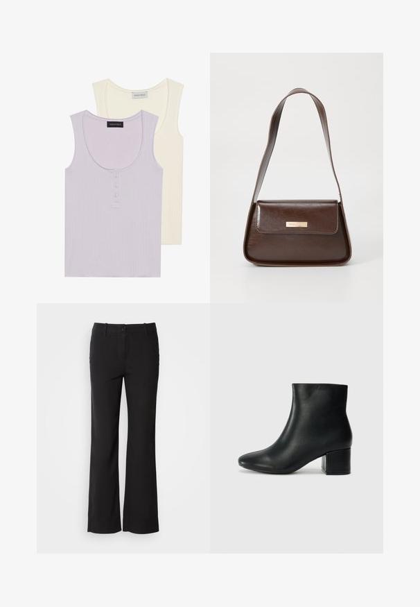 Dos camisetas sin mangas: una en lavanda claro con textura acanalada y detalle de botones, y otra en crema con un diseño similar. Ambas tienen escote redondo.; Pantalones de mezcla de algodón negros con un diseño de pierna recta, cierre frontal de botón y dos bolsillos laterales. Textura suave, sin patrones visibles.; Botas de cuero negras hasta el tobillo con una punta afilada y un tacón grueso. Textura lisa con acentos mínimos y un diseño elegante y ajustado.; Bolso de hombro de cuero marrón con una forma estructurada, que presenta un cierre de solapa magnético y un acento de logo metálico en la parte frontal.