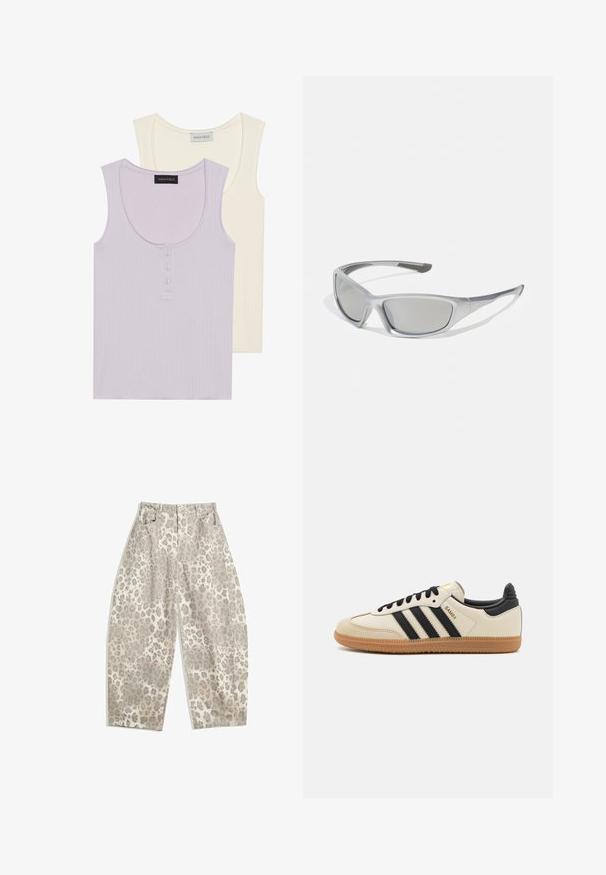 Due top: uno in lavanda chiaro con texture a coste e dettaglio di bottoni, e uno in crema con design simile. Entrambi hanno scollature rotonde.; Pantaloni a stampa leopardata in un colore beige chiaro, con un design a vita alta, gambe larghe e due tasche frontali. Realizzati in un tessuto morbido.; Scarpa sportiva beige con strisce nere, suola in gomma naturale e dettagli neri. Presenta una tomaia in pelle liscia e un design a punta arrotondata.; Occhiali da sole grigi con una montatura in plastica sleek e leggera. Presentano lenti grigie a specchio e dettagli laterali testurizzati per una presa migliorata.; Borsa adidas nera e argento con una texture liscia, caratterizzata da un motivo borchiato lucido e un design curvo distintivo.