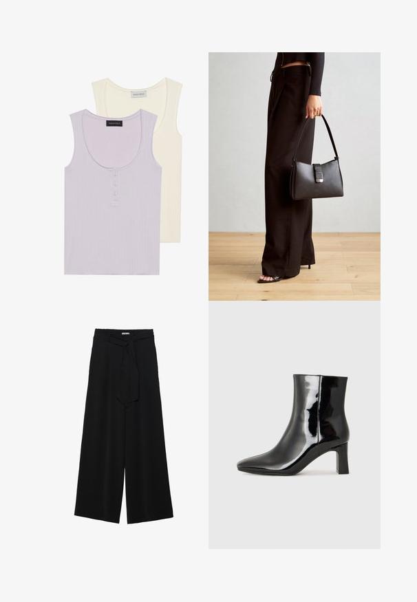 Kaksi toppeja: yksi vaalealaventelinvärinen, jossa on ribbitekstuuri ja nappiysitys, ja toinen kermaisen valkoinen, jossa on samankaltainen muotoilu. Molemmissa on pyöreät kaula-aukot.; Mustat leveät housut, joissa on teksturoitu kangas, joustava vyötärö ja irrotettava nauha vyötäröllä säädettävää istuvuutta varten.; Musta patenttilakattu nilkkuri, jossa on terävä kärki ja keskipitkä lohkarekorko. Silkkinen pinta ja minimalistinen muotoilu.; Musta käsilaukku, jossa on rakenteellinen muoto, sileä pinta ja metallinen solki. Yhdistetty leveisiin mustiin housuihin ja avonaiheisiin sandaaleihin puulattialla.