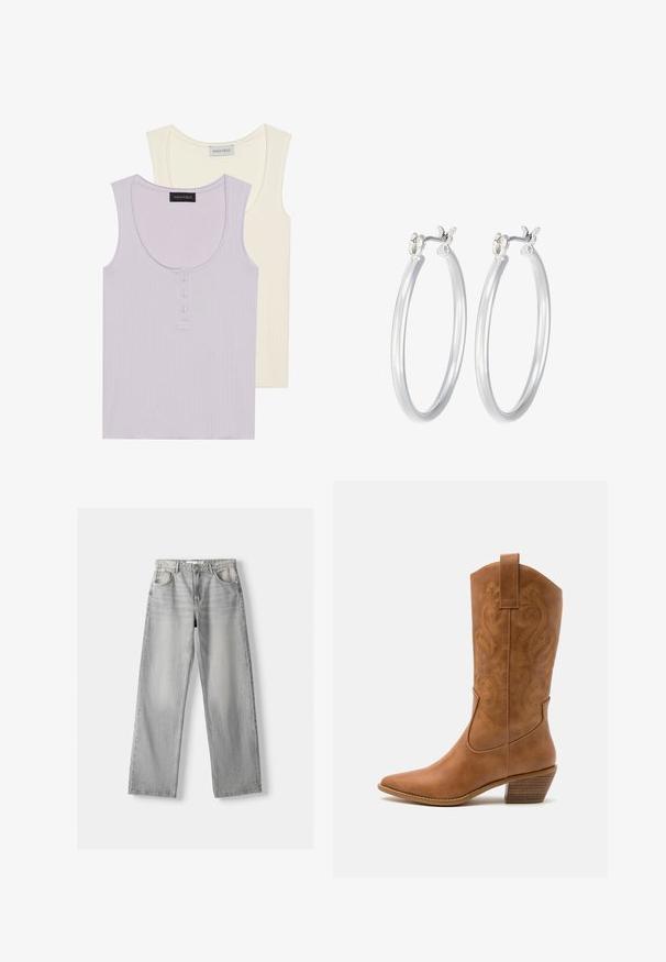 Deux débardeurs : l'un en lavande clair avec une texture côtelée et un détail de bouton, et l'autre en crème avec un design similaire. Les deux ont des encolures rondes.; Jean en denim gris clair avec une coupe droite, dotée de deux poches avant, d'un bouton de fermeture et d'un léger délavage pour la texture.; Bottes de cow-boy en cuir tan avec un bout pointu, des motifs en spirale brodés sur la tige, et un talon bloc empilé. Équipées d'une languette pour un enfilage facile.; Boucles d'oreilles en argent avec une finition lisse et polie. Forme ronde et fermeture à clip sécurisée. Design léger adapté pour un port quotidien.