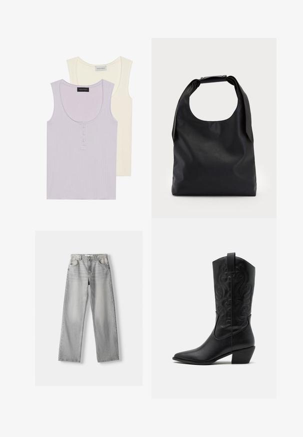 Two tank tops: one in light lavender with ribbed texture and button detail, and one in cream with similar design. Both have round necklines.; Light gray denim jeans with a straight-leg design, featuring two front pockets, a button closure, and subtle fading for texture.; Black leather cowboy boot with pointed toe, embossed swirling patterns, and a mid-height heel. Features a pull tab for easy wear.; Black leather hobo bag with a single, soft, rounded handle; features a smooth texture and a minimalist design. No visible hardware or accents.