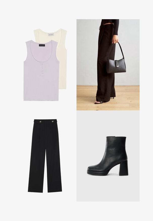 Zwei Tanktops: eines in hellem Lavendel mit gerippter Textur und Knopfdetails, und eines in Creme mit ähnlichem Design. Beide haben einen runden Ausschnitt.; Schwarze weite Hosen mit hoher Taille, Knopfdetails am Bund und vorderen Falten.; Schwarze Leder-Stiefelette mit Blockabsatz und Plattformsohle, seitlich auf einem schlichten weißen Hintergrund betrachtet.; Schwarze Handtasche mit strukturierter Form, glatter Textur und einem metallischen Verschluss. Kombiniert mit weiten schwarzen Hosen und offenen Sandalen auf einem Holzboden.