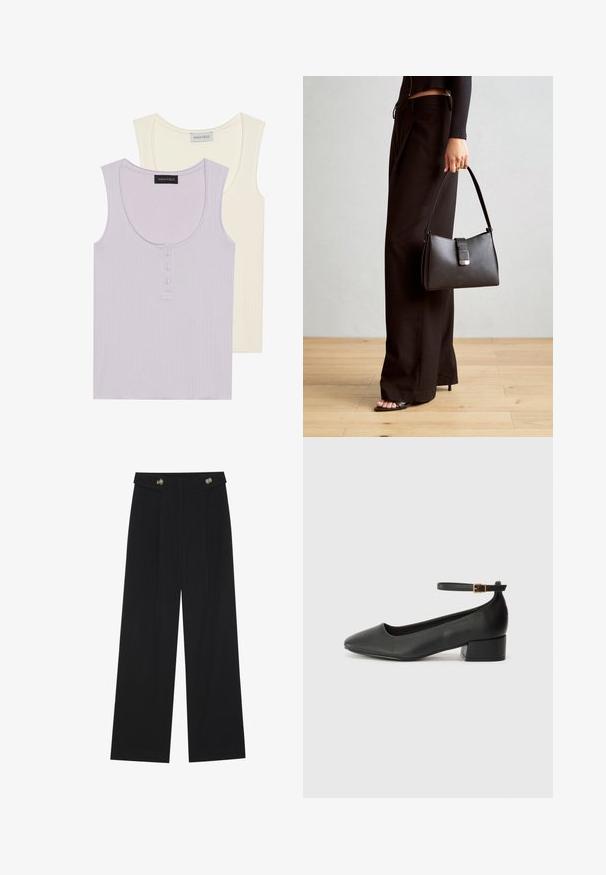 Kaks tanki: üks heledas lavendli toonis ribakujulise tekstuuri ja nööbiga, ning teine kreemjas sarnase disainiga. Mõlemal on ümmargused kaelused.; Mustad laiad püksid kõrge vöökoha ja nööpdetailidega vööandil, esikortsudega.; Must mustaapp, millel on terav nina ja madal blokk-kand. Omab pahkluu rihma koos kuldse tooni pandlaga. Sile tekstuur.; Must musta kott, millel on struktureeritud kuju, sile tekstuur ja metallist klamber. Kombineeritud laiate mustade pükstega ja avatud varvaste sandaalidega puidust põrandal.