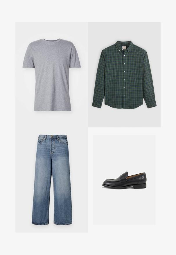 Harmaa, lyhythihainen t-paita, joka on valmistettu puuvillasekoitekankaasta. Paidan klassinen pyöreä pääntie ja sileä, pehmeä tekstuuri tekevät siitä mukavan valinnan.; Pitkähihaista nappipaitaa, jossa on vihreä, sininen ja keltainen ruudullinen kuvio, valkoiset napit ja napitettava kaulus.; Värikkäät siniset farkut, joissa on leveät lahkeet ja haalistunut pesu, viiden taskun muotoilu sekä nappikiinnitys. Varustettu vyölenkeillä ja ommellulla yksityiskohdalla.; Mustat nahkaloaferit, joissa on sileä pinta, pyöreä varvas ja koristeompeleet varpaansuojassa. Matala pinottu korko ja hieno kiilto.