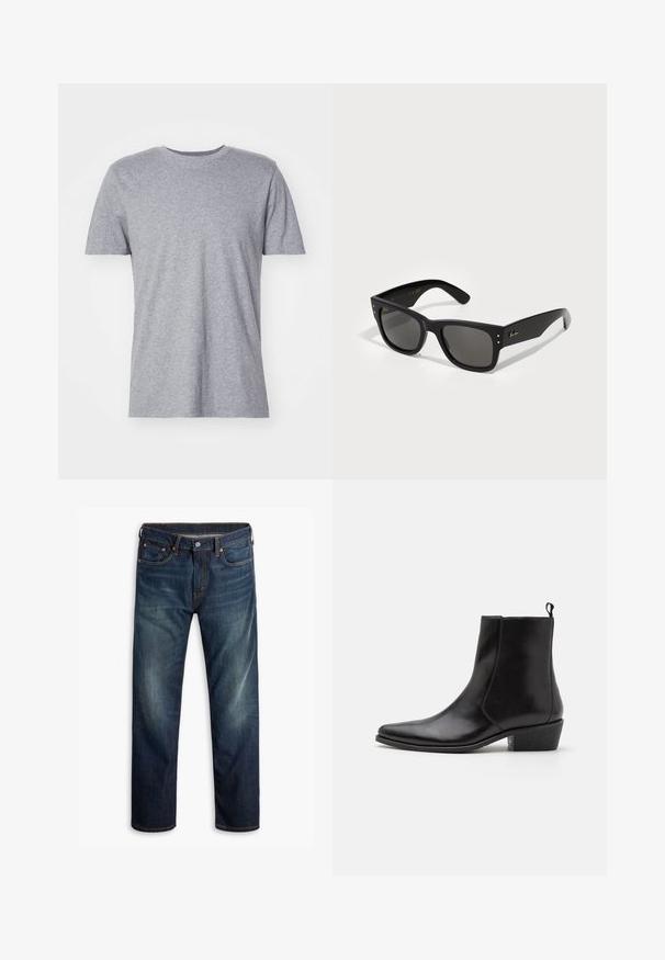 Hall ja lühikeste varrukatega T-särk, mis on valmistatud puuvillasegusest kangast, klassikalise ümmarguse kaelusega ja sujuva, pehme tekstuuriga.; Tumed sinised teksad kerge kulumisega reite piirkonnas, viie-tasku disain, nööp sulgemine ja nähtav oranž õmblus valgel taustal.; Zign LEATHER - Kauboi/mootorratturi poolsaapad - black; Mustad mustad raami prillid, tumedate läätsedega. Kaunistatud väikeste kuldsete punktidega ja kuldse logoga templis. Sile tekstuur.