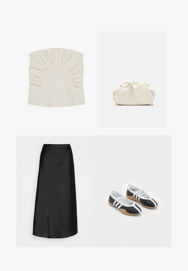 Crème-kleurige top met geplooide stof, met een ronde halslijn en een gladde textuur. Het ontwerp heeft plooien langs de randen.; Zwarte satijnen midi-rok met een gladde textuur, A-lijn vorm en een subtiele glans. Heeft een slank, eenvoudig ontwerp zonder versieringen.; Zwart-witte sport schoenen met een slank ontwerp, rubberen zool, vetersluiting en drie witte strepen aan de zijkanten.; Crème-kleurige, zachte neplederen tas met een geplooid ontwerp, verstelbare schouderband en subtiele trekkoordsluiting. Gladde textuur en ronde vorm.