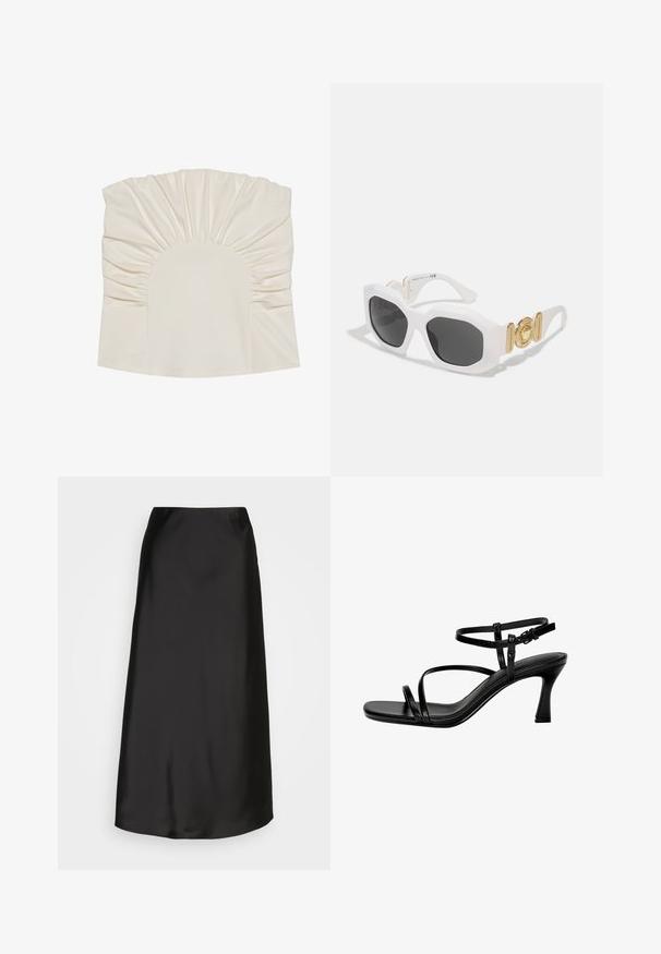 Crème-kleurige top met geplooide stof, met een ronde halslijn en een gladde textuur. Het ontwerp heeft plooien langs de randen.; Zwarte satijnen midi-rok met een gladde textuur, A-lijn vorm en een subtiele glans. Heeft een slank, eenvoudig ontwerp zonder versieringen.; Zwarte leren sandaaltjes met hak, voorzien van dunne bandjes, een vierkante teen en een stilettohak. Verstelbare enkelband voor de juiste pasvorm. Glad textuur.; Witte octagonale zonnebril met donkere lenzen. Bevat gouden hardware accenten en een gestructureerd ontwerp op de armen.; Zwarte synthetische schoudertas met een gebogen silhouet, textuurafwerking, gouden driehoeklogo en afneembare hardwareaccenten.