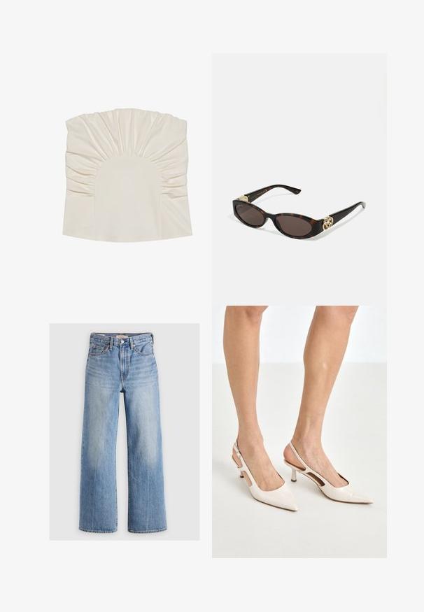 Top color crema con tessuto arricciato, caratterizzato da un collo rotondo e una texture liscia. Il design include plissettature lungo i bordi.; Jeans in denim blu chiaro a gamba larga con vita alta, aree sbiadite, cinque tasche e cuciture a contrasto. Classico bottone e chiusura con zip.; Tacchi slingback in pelle lucida beige con punta affusolata e tacco di 5 cm, caratterizzati da lati traforati e una sottile fascia alla caviglia.; Occhiali da sole tartarugati con lenti ovali allungate, tonalità marrone, accenti dorati con logo sulle tempie e aste nere eleganti.; Borsa a mano floreale bianca con superficie in tessuto arricciato, tracolla in catena dorata e chiusura in metallo. Presenta petali testurizzati per un tocco di dettaglio in più.