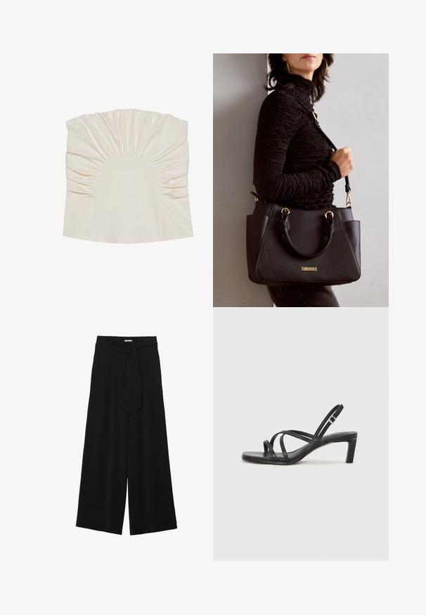 Cremefarvet top med samlet stof, der har en rund halsudskæring og en glat tekstur. Designet inkluderer plisseringer langs kanterne.; Sorte vide bukser i en tekstureret stofkvalitet, med elastisk talje og et aftageligt bånd i taljen for justerbar pasform.; Sort remsandale med firkantet tå og en lav blokeret hæl. Har flere tynde stropper og en justerbar ankelrem. Fremstillet af glat læder.; Sort håndtaske med struktureret overflade, dobbelt topbærere og justerbar skulderrem. Udstyret med guldfarvet metalhardware og sidelommer.