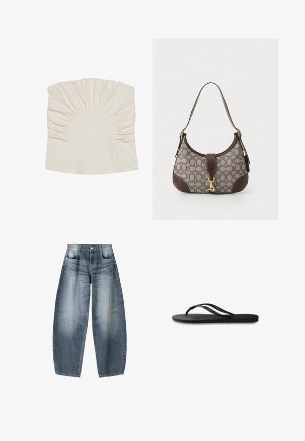 Top color crema con tessuto arricciato, caratterizzato da un collo rotondo e una texture liscia. Il design include plissettature lungo i bordi.; Jeans a gamba larga in denim azzurro chiaro con sfumature, dotati di design a cinque tasche, chiusura con bottone e dettagli di cucitura minimal.; Infradito neri con suola in gomma testurizzata, due cinghie sottili e un sottile dettaglio del logo impresso sulla cinghia.; COACH HAMPTONS HOBO BAG IN SIGNATURE JACQUARD - Borsa a mano - oak maple