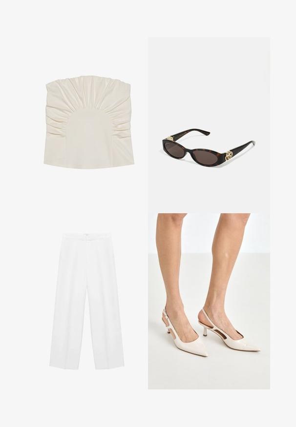 Cream-colored top with gathered fabric, featuring a rounded neckline and smooth texture. The design includes pleats along the edges.; Wide-leg white trousers with a smooth texture, featuring a high waistband and two side pockets. Simple design with no visible patterns.; Beige patent leather slingback heels with a pointed toe and 5 cm heel, featuring cut-out sides and a thin ankle strap.; Tortoiseshell sunglasses with elongated oval lenses, brown tint, gold logo accents on temples, and sleek black arms.; White floral handbag with a gathered fabric surface, gold-tone chain strap, and metal clasp. Features textured petals for added detail.