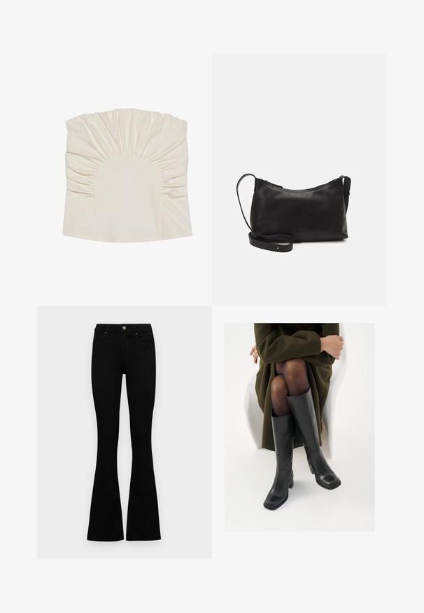 Kremowa bluzka z marszczonym materiałem, z okrągłym dekoltem i gładką teksturą. Projekt zawiera pliski wzdłuż brzegów.; Czarne, wysokie dżinsy z guzikem i zamkiem błyskawicznym, z przednimi kieszeniami i rozszerzanymi nogawkami, leżące płasko na białym tle.; Kozaki skórzane do kolan w kolorze czarnym, z kwadratowym noskiem i słupkowym obcasem, pokazane na modelce siedzącej w oliwkowej zielonej kurtce. Gładka tekstura, minimalne detale.; Czarna skórzana torba na ramię o gładkiej fakturze, zakrzywionym kształcie, regulowanym pasku i zapięciu na zamek. Minimalistyczny design bez zdobień.