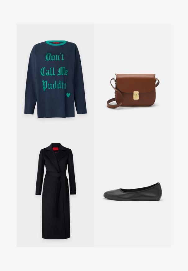 Lahti sininen pitkähihainen T-paita, joka on valmistettu puuvillasta ja jossa on vihreä koristeellinen teksti "Älä kutsu minua Puddingiksi" sekä vihreä sydämen muotoinen yksityiskohta.; Mustat trench-takit pitkillä hihoilla, kietaisumalli ja yhteensopiva vyö. Valmistettu sileästä kankaasta, jossa on uurrettu kaulus ja sivutaskut.; Musta nahkainen ballerina, jossa on pyöristetty kärki, sileä pinta, minimaalinen ommelkoristelu ja joustava pohjamuotoilu.; Ruskea nahkainen käsilaukku, jossa on läppäkiinnitys, kultasävyiset yksityiskohdat, olkahihna ja sileä pinta. Kompaktin suorakaiteen muotoinen.
