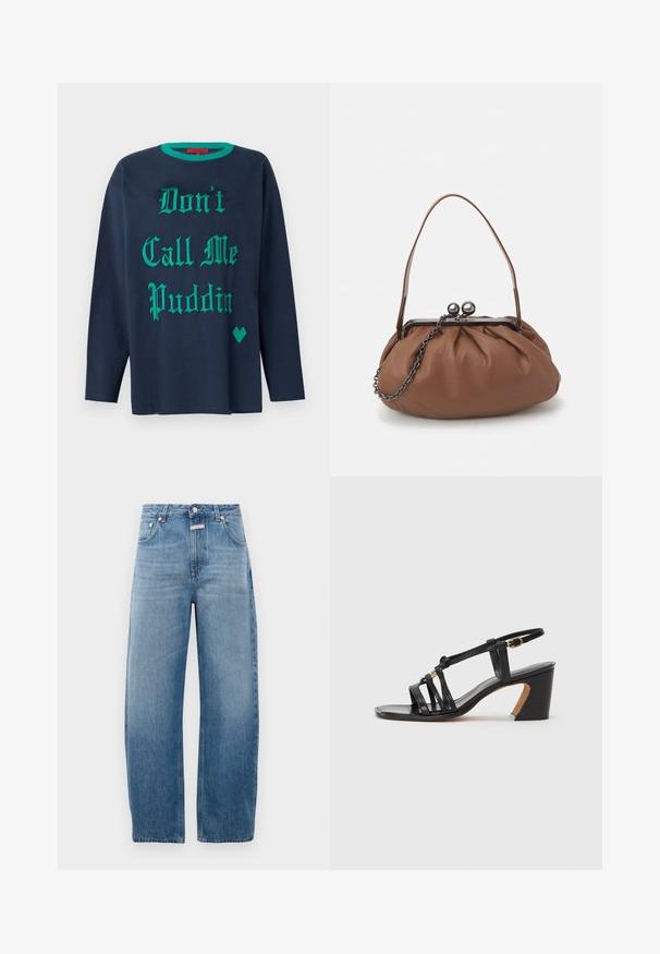 Granatowa koszulka z długim rękawem wykonana z bawełny, z zielonym dekoracyjnym napisem "Nie nazywaj mnie Puddin'" i zielonym akcentem w kształcie serca.; Jasnoniebieskie dżinsy, wysokie w talii, o prostej nogawce. Posiadają klasyczny pięciopocketowy krój oraz metalowe zapięcie na guzik.; Paul Smith AMIRA czarny; Brązowa skórzana torebka na ramię z marszczonym wzorem, krótkim skórzanym uchwytem i łańcuszkowym paskiem. Posiada srebrny metalowy zamek z dwoma okrągłymi akcentami.
