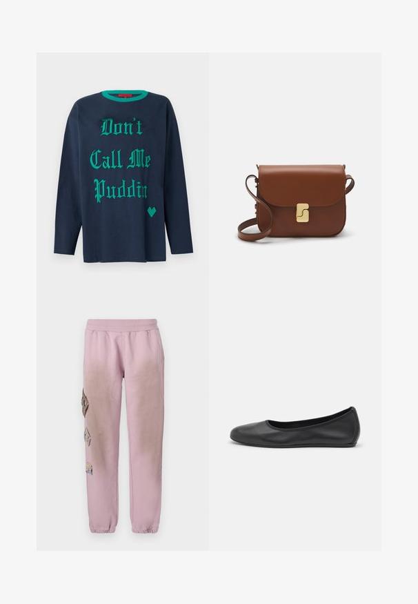 Marine langærmet t-shirt lavet af bomuld, med grøn dekorativ tekst "Don’t Call Me Puddin'" og en grøn hjerteformet detalje.; Lyserøde sweatpants med elastisk talje, prydet med dekorative patches i diamantform på venstre side og elastiske manchetter ved anklerne.; Sort læderballetsko med rund tå, glat tekstur, minimal syning og et fleksibelt såldesign.; Brun læder håndtaske med flaplukning, hardware i gyldent tone, en skulderrem og en glat overflade. Kompakt rektangulær form.