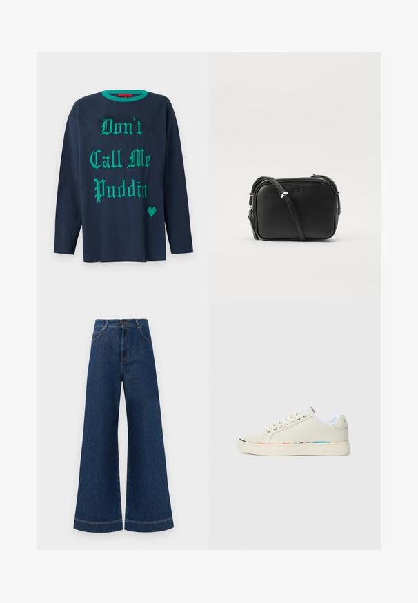 Lahti sininen pitkähihainen T-paita, joka on valmistettu puuvillasta ja jossa on vihreä koristeellinen teksti "Älä kutsu minua Puddingiksi" sekä vihreä sydämen muotoinen yksityiskohta.; Siniset farkut leveällä lahkeella ja korkealla vyötäröllä, jossa on nappikiinnitys, vyölenkit sekä huomaamattomat tikkaus yksityiskohdat taskuissa ja lahkeissa.; Valkoinen matala tennari nauhalla, valkoisella sisävuorella ja huomaamattomalla monivärisellä koristelulla kengän pohjan reunassa, sivuprofiili.; Musta nahkainen olkalaukku suorakaiteen muotoisella designilla, hopeiset metalliosat, säädettävä hihna ja hienovarainen kohokuvioitu logo.