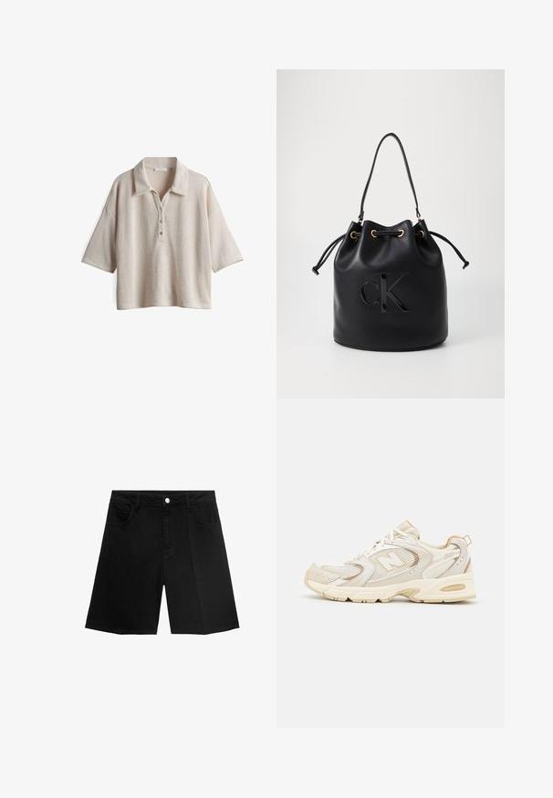 Beige polo shirt met korte mouwen in een gestructureerde stof, met een kraag en drie knopen aan de voorkant. Relaxte pasvorm en eenvoudig ontwerp.; Zwarte denim shorts met een rechte snit, vijf zakken en een zilveren knoopsluiting. Gladde textuur met minimale stikseldetails.; Beige sport schoenen met gaas- en synthetische overlays, voorzien van een textuur, een gevoerde kraag en "ABZORB" demping bij de hiel.; Zwarte leren emmer tas met trekkoord sluiting, voorzien van een glanzend "CK" logo aan de voorkant en gouden hardware accenten.