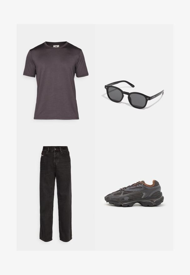 Champion TECH CREWNECK QUICK DRY - Sports T-shirt - pha; Black denim wide-leg pants with a high waist, front button closure, two side pockets, and subtle stitching details.; Lacoste sneakers in dark gray with mesh and synthetic material, featuring a textured sole and brown accents on the collar and branding.; Black oval sunglasses with dark lenses, thick frames, and silver dot accents on the sides. Smooth plastic material, contemporary design.