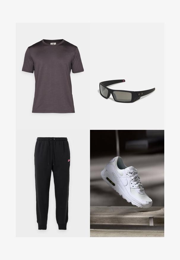 Champion - Koszulka sportowa; Czarne dresy wykonane z miękkiego materiału, z elastycznym pasem i regulowanym sznurkiem, oraz małym różowym logo Nike po lewej stronie.; Białe sneakersy Nike Air Max 90 z siateczkowym i skórzanym wierzchem, perforowanym czubkiem oraz widoczną jednostką Air w pięcie.; Czarne okulary przeciwsłoneczne z matowym wykończeniem, prostokątne soczewki, lekko wygięte zauszniki, subtelny detal z logo oraz szkła w odcieniu dymnym.