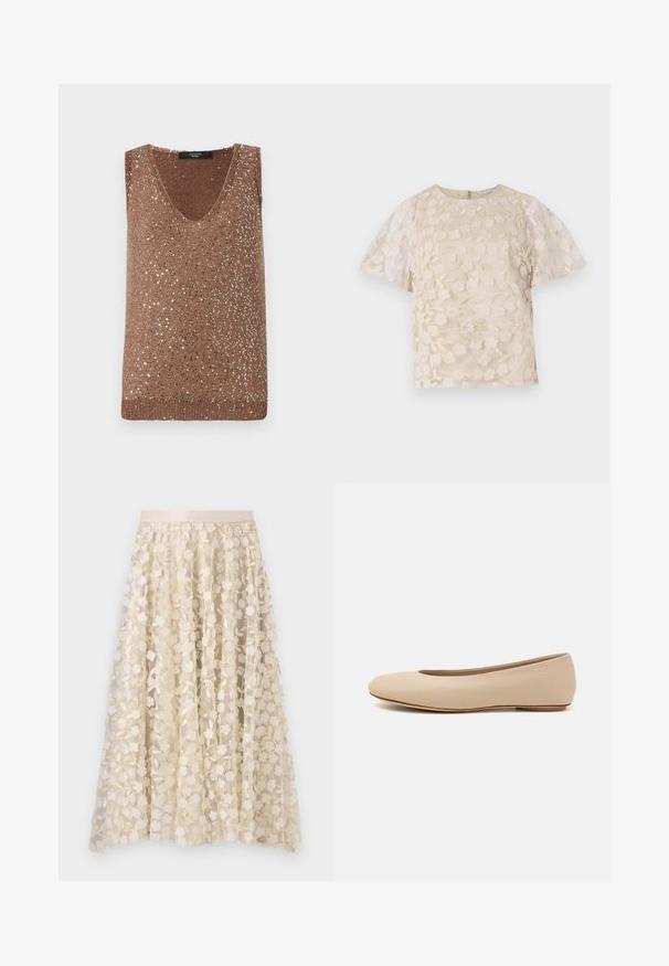 Top fără mâneci tricotat maro, cu decolteu în V, decorat cu paiete metalice dispersate pentru textură și interes vizual.; Bluză bej cu broderie florală, mâneci puff transparent, guler rotund și închidere cu fermoar la spate. Model floral texturat pe panoul din față.; Broderie florală pe o fustă transparentă, de culoare crem, cu un brâu de satin. Designul include flori mici și delicate, precum și frunze.; Balerini din piele bej, cu vârful rotund, detalii de cusătură minime, toc mic și un logo subtil pe partea din spate. Textură netedă, mată.