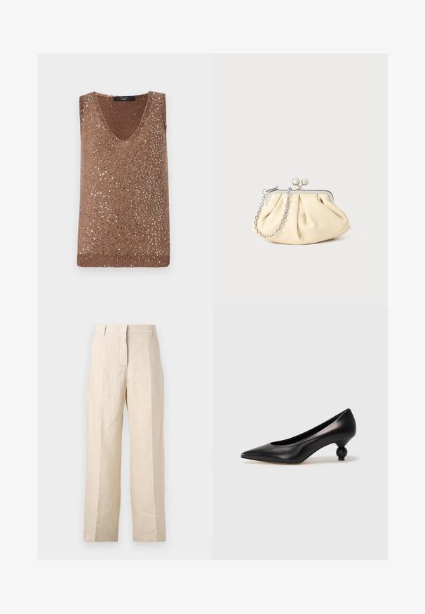 Hnědý pletený top bez rukávů s výstřihem do V, ozdobený rozptýlenými kovovými flitry pro texturu a vizuální zájem.; Bežové lněné kalhoty s volným střihem, sklady na přední straně a rovnými nohavicemi. Mají pas s poutky na opasek a žádné viditelné kapsy.; Černá kožená vysoká bota na podpatku s špičatou špičkou a kulatým, zaobleným podpatkem. Hladká textura s elegantním, minimalistickým designem.; Plisovaná béžová kožená kabelka na psaní s rámem ze stříbrného kovu, vybavená dvěma kulatými dekorativními uzávěry a stříbrným řetízkem.