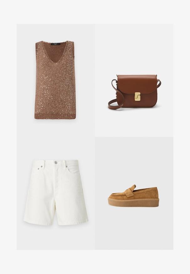 Barna kötött ujjatlan felső, V-kivágással, amelyet szórt fémes flitterek díszítenek a textúra és a vizuális érdekesség érdekében.; Fehér farmer sort egyenes szabással, öt zsebbel, elülső gombos záródással, ezüst színű fémrészletekkel és varrt díszítéssel.; Barna velúr lódon, kerek orral, bordázott platform talppal és díszes pánttal a felső részen.; Barna bőr kézitáska, hajtókás zárással, arany színű fém kiegészítőkkel, vállpánttal és sima felülettel. Kompakt téglalap alakú.