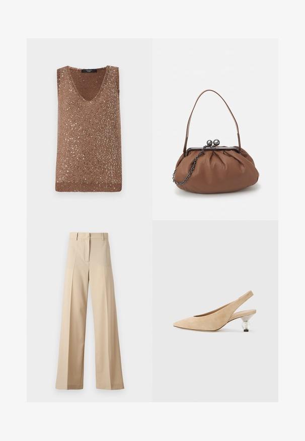 Smeđi pleteni bez rukava s V-izrezom, ukrašen raspršenim metalnim sjajnim detaljima za dodatnu teksturu i vizualnu zanimljivost.; Bež hlače širokih nogavica od glatkog materijala, s ravnim prednjim dijelom s plisejima, zatvaračem i petljama za remen. Ukupan kroj je prilagođen.; Bež suknjica sa slijedom s uskim vrhom i prozirnim, zaobljenim potplatom. Glatka tekstura i minimalistički dizajn.; Smeđa kožna torbica s naboranim dizajnom, kratkom kožnom rukohvatom i lancem. Ima srebrnu metalnu kopču s dva okrugla detalja.