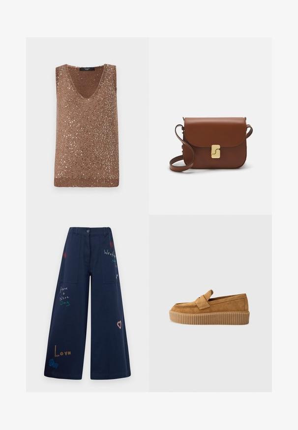 Bruine gebreide mouwloze top met een V-hals, versierd met verspreide metallic pailletten voor textuur en visueel belang.; Navy blauwe wijde pijpen broek van katoen met meerdere zakken. Heeft kleurrijke geborduurde teksten en graphics, waaronder harten en speelse zinnen.; Bruine suède instapper met een ronde neus, voorzien van een ribbelige platformzool en een decoratieve band over de bovenkant.; Bruine leren handtas met een klep sluiting, gouden hardware, een schouderband en een gladde textuur. Compact rechthoekige vorm.