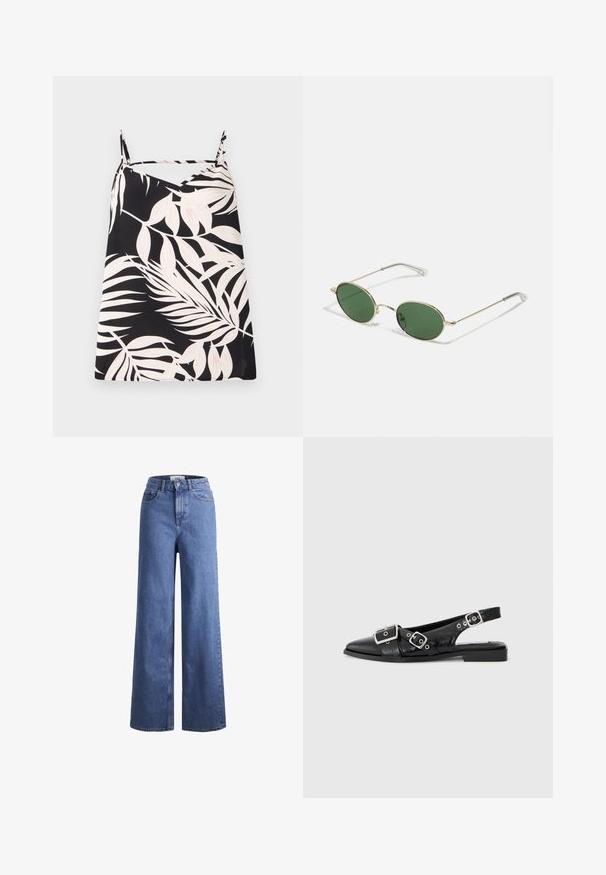 Varrukateta must topp, millel on valge lehtpalmimuster, V-kujuline lõige ja õhukesed õlapaelad. Kanga pind on sile.; Heled sinise denimist laiad jalad, kõrgema talje ja kahe eesmise taskuga, nähtavate õmblustega. Omab nuppu ja luku sulgemist.; Must musta slingback-kingsad mustad nahast kingad terava ninaga, kahe hõbedase pandlaga ja madala plokknõelaga. Omab tekstureeritud pealist ja avatud selga.; Kuldse raami päikeseprillid roheliste ovaalsete läätsedega ja õhukeste metallist varsidega. Varstest mugavuse tagamiseks on seljas selged plastotsi.