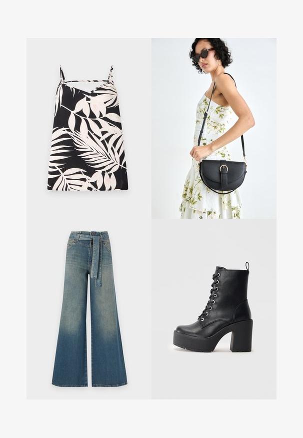 Crna majica bez rukava s bijelim uzorkom palminog lišća, v-izrezom i tankim naramenicama. Tkanina ima glatku teksturu.; Široke traperice s gradijentom od svijetloplave do tamnoplave, visokog struka, petljama za remen i remenom od istog materijala. Teksturirana traper tkanina.; Crne kožne gležnjače s masivnom blok petom, vezanjem sprijeda i teksturiranom površinom. Imaju uzicu straga za lakše oblačenje.; Crna kožna torba s lukovitim oblikom, odvojivim remenom i zlatnim detaljima. Torba ima preklop s kopčom.