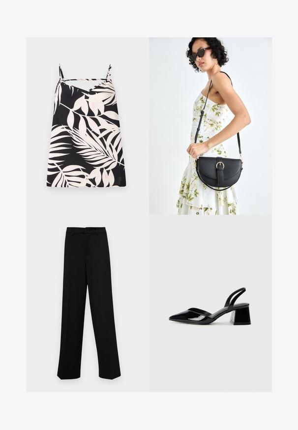 Crna majica bez rukava s bijelim uzorkom palminog lišća, v-izrezom i tankim naramenicama. Tkanina ima glatku teksturu.; Crne široke hlače od glatkog materijala, s klasičnim pojasom koji se zatvara dugmetom i prednjim naborima.; Crne lakirane kožne sandale s otvorenom petom i špicastim vrhom, s geometrijskom blok petom. Imaju elegantan, minimalistički dizajn i glatku teksturu.; Crna kožna torba s lukovitim oblikom, odvojivim remenom i zlatnim detaljima. Torba ima preklop s kopčom.