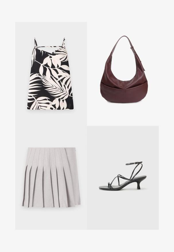 Sleeveless black top featuring white leafy palm print, v-neck design, and thin shoulder straps. Fabric has a smooth texture.; Gray pleated skirt with a smooth texture, featuring multiple vertical folds and a fitted waistline. Made from lightweight fabric.; Black heeled sandals with thin straps, open toe design, and a small, flared heel. The material appears smooth and glossy.; Burgundy leather hobo bag with a curved silhouette, wide strap, and a zip closure. Features a front pocket with a smooth texture.