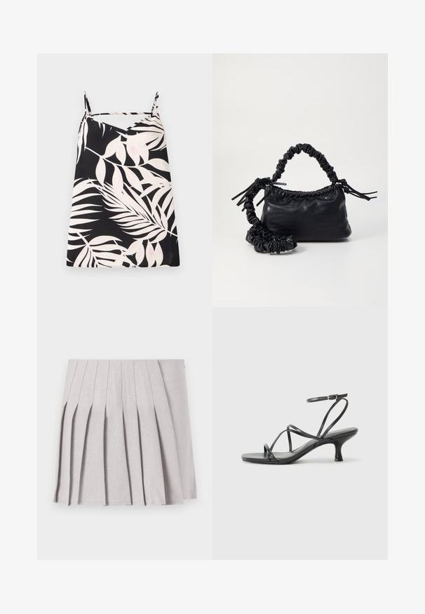 Ärmlös svart topp med vit palmprint, v-ringning och tunna axelband. Tyget har en slät textur.; Grå plisserad kjol med en slät textur, som har flera vertikala veck och en åtsittande midja. Tillverkad av lättviktig tyg.; Svarta klacksandaler med tunna remmar, öppen tådesign och en liten, utställd klack. Materialet ser slätt och glansigt ut.; Svart faux läderhandväska med krokodiltextur, snodd topp och en skrämd rem. Ser mjuk och kompakt ut i designen.
