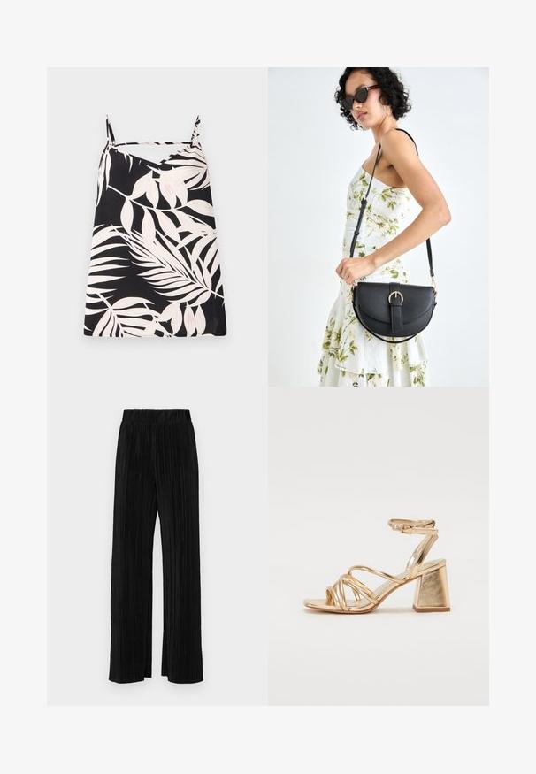 Sleeveless black top featuring white leafy palm print, v-neck design, and thin shoulder straps. Fabric has a smooth texture.; Black pleated trousers with an elastic waistband. Features wide legs and a smooth, textured fabric with vertical stripes.; Gold metallic heeled sandals featuring a strappy design, square block heel, and adjustable ankle strap with a buckle. Smooth texture.; Black leather handbag with a curved shape, detachable strap, and gold hardware. The bag features a flap with a buckle detail.