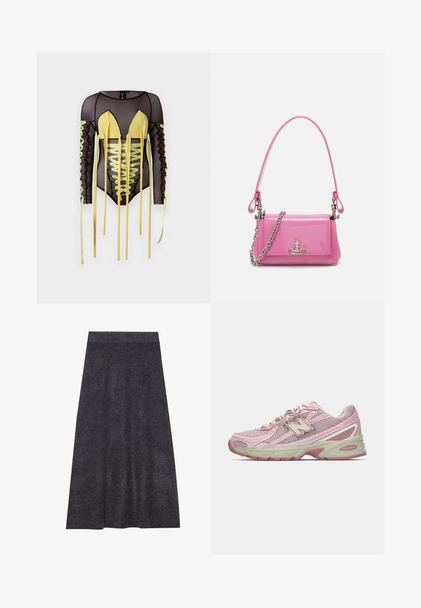 Čierny sieťovaný body s dlhými rukávmi, s žltými akcentmi, hlbokým V výstrihom a šnurovaním so šnúrkami pozdĺž strán.; Tmavosivá pletená sukňa po kolená s hladkou textúrou a pásom. Sukňa v tvare písmena A s rovnomerným lemom, navrhnutá pre pohodlie a všestrannosť.; Ružová a béžová teniska New Balance 740 so sieťovinovým a syntetickým zvrškom, šnurovaním a polstrovanou podrážkou, zobrazená z bočného profilu.; Ružový lesklý kožený kabelka s obdĺžnikovým tvarom, odnímateľným reťazovým popruhom a striebornými kovovými detailmi na prednej strane.