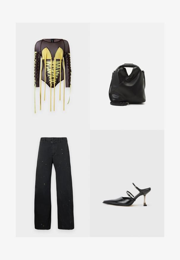Juodas tinklinis bodis su ilgomis rankovėmis, turintis geltonas akcentus, giliu V formos kaklu ir šnypščiamos detalės su ilgais raiščiais šoninėse dalyse.; MM6 Maison Margiela PANTS - Laisvo kirpimo džinsai - black; Juodasis odinis batelis su smailiu nosiu ir slingback stiliumi, turintis dvi reguliuojamas juosteles ir metalinį kulną. Lygi tekstūra ir minimalistinis dizainas.; Juodas, minkštas odinis krepšys su unikaliu išsuktiniu dizainu. Yra trumpas rankenas ir nuimamas peties diržas. Minimalistinis stilius.