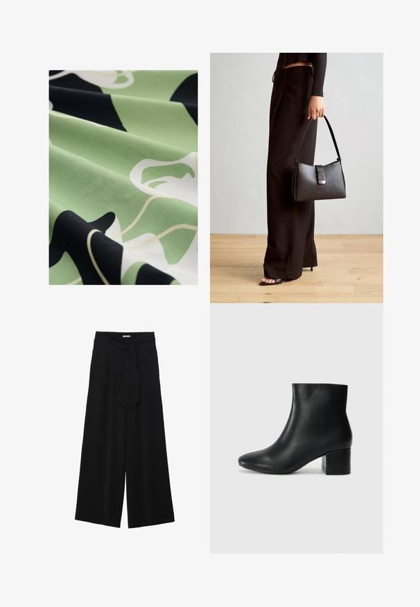 Tkanina wzorzysta w kolorach zielonym, czarnym i białym; gładka tekstura; prezentuje abstrakcyjne kształty kwiatowe i płynne linie dla wyróżniającego się wzoru.; Czarne spodnie szerokie z teksturowanej tkaniny, z elastycznym paskiem w talii i odpinanym paskiem w talii dla regulowanego dopasowania.; Czarne skórzane botki za kostkę z ostrym noskiem i masywnym obcasem. Gładka tekstura z minimalnymi akcentami i elegancki, dopasowany fason.; Czarna torebka o usztywnionym kształcie, gładkiej fakturze i metalowym zapięciem. Połączona z szerokimi czarnymi spodniami i sandałami na otwartym palcu na drewnianej podłodze.