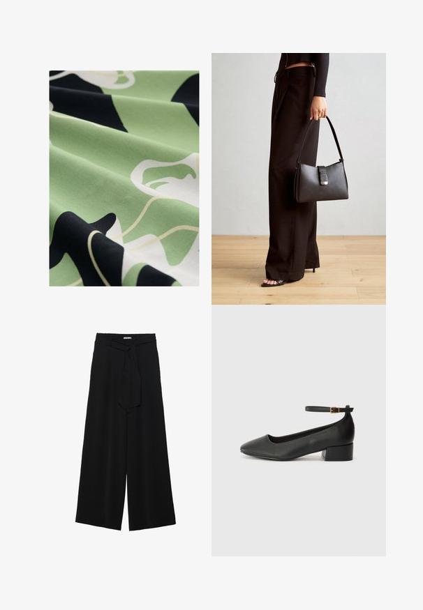Gemusteter Stoff in Grün, Schwarz und Weiß; glatte Textur; zeigt abstrakte Blütenformen und fließende Linien für ein unverwechselbares Design.; Schwarze weite Hosen aus strukturiertem Stoff, mit elastischem Bund und einem abnehmbaren Bindegürtel in der Taille für eine verstellbare Passform.; Schwarze Lederpumps mit spitzem Zehenbereich und niedrigem Blockabsatz. Mit einem Knöchelriemen und einer goldfarbenen Schnalle. Glatte Textur.; Schwarze Handtasche mit strukturierter Form, glatter Textur und einem metallischen Verschluss. Kombiniert mit weiten schwarzen Hosen und offenen Sandalen auf einem Holzboden.
