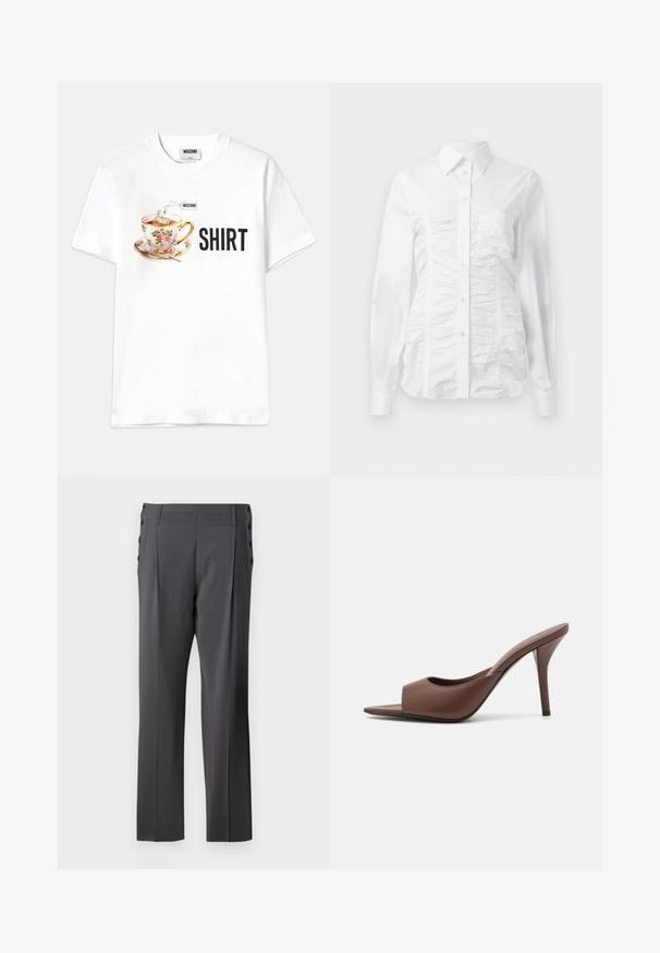 White cotton t-shirt featuring a graphic of a floral teacup with a teabag and the word "SHIRT" in bold black letters.; White button-up shirt with long sleeves, featuring a ruched texture across the front, small golden buttons, and a standard collar.; Gray tailored pants featuring a straight leg design, front pleats, and decorative side buttons for added detail. Smooth fabric texture.; Brown leather open-toe high-heeled mules with a sleek design, featuring a wide front strap and a slender stiletto heel.